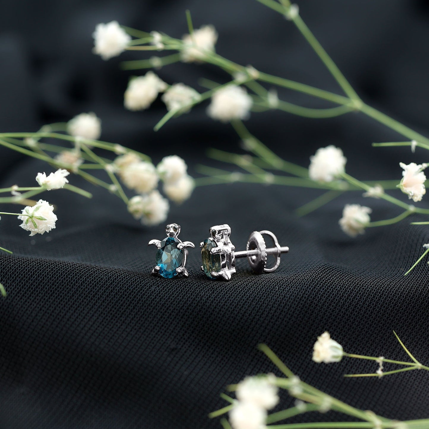 Genuine London Blue Topaz Tortoise Stud Earrings