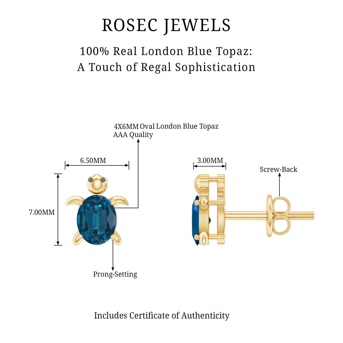 Genuine London Blue Topaz Tortoise Stud Earrings