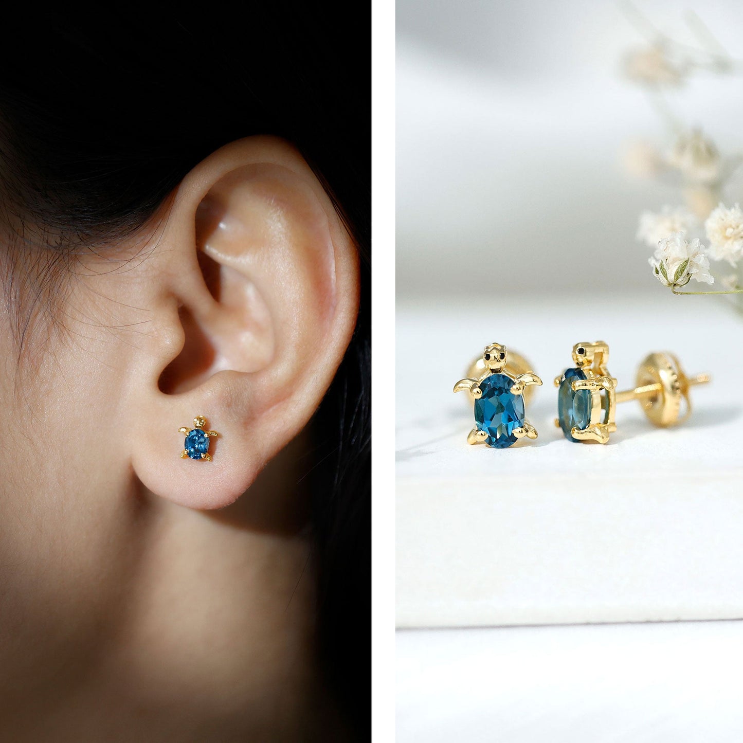 Genuine London Blue Topaz Tortoise Stud Earrings