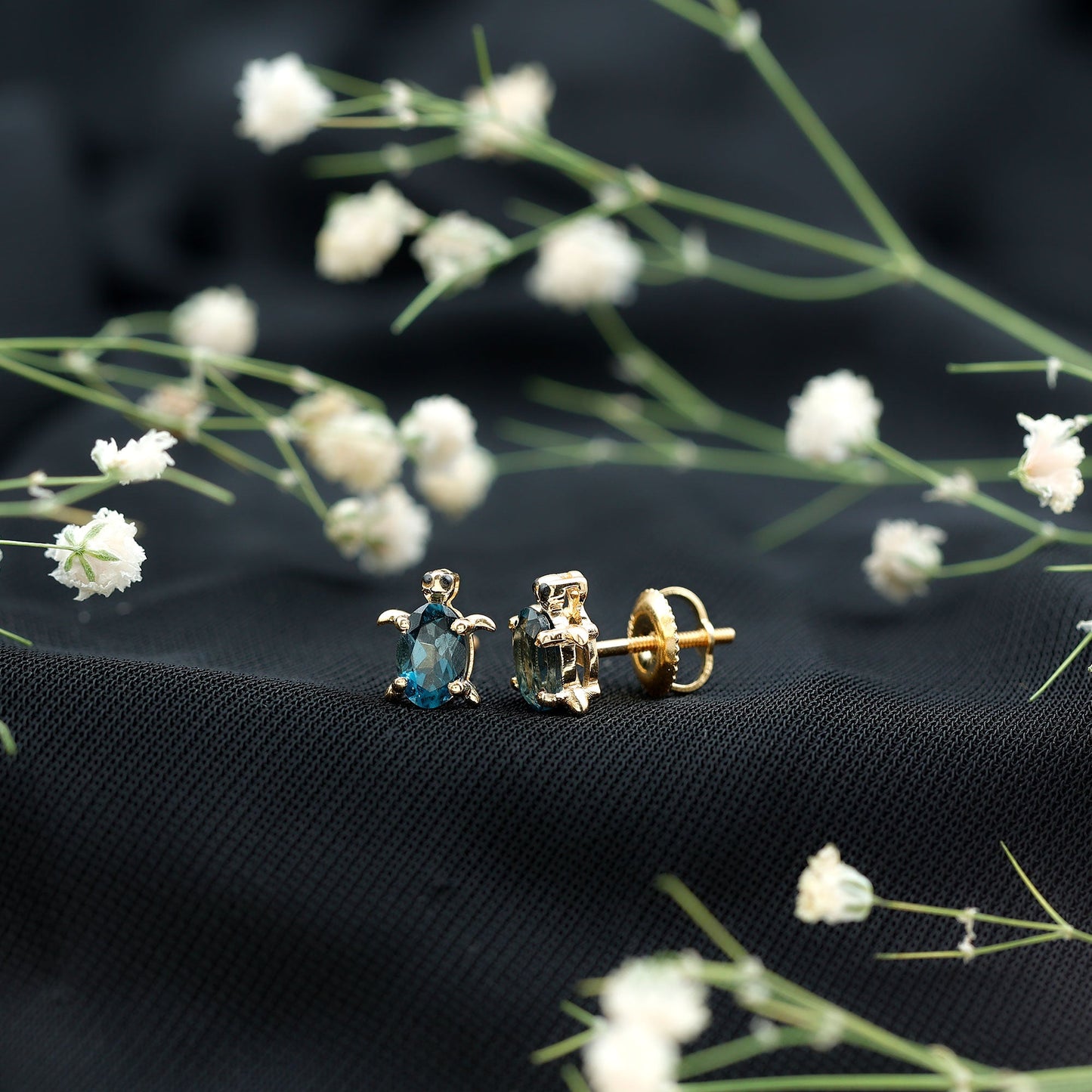 Genuine London Blue Topaz Tortoise Stud Earrings