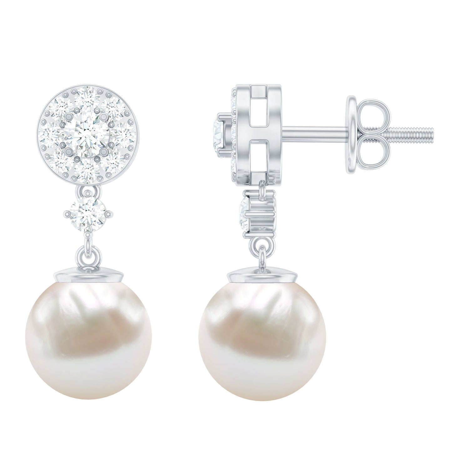 Genuine 6 Carat Freshwater Cultured Pearl Drop Earrings with Diamonds
