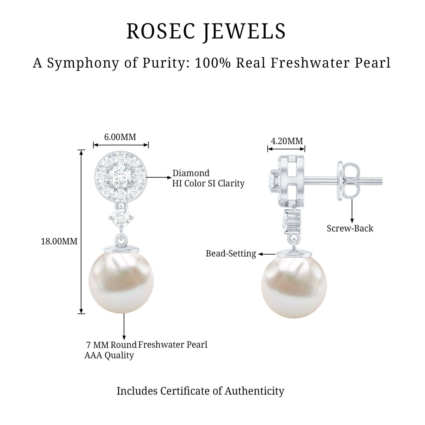 Genuine 6 Carat Freshwater Cultured Pearl Drop Earrings with Diamonds
