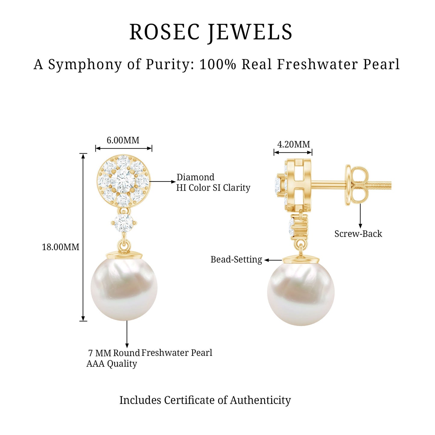 Genuine 6 Carat Freshwater Cultured Pearl Drop Earrings with Diamonds
