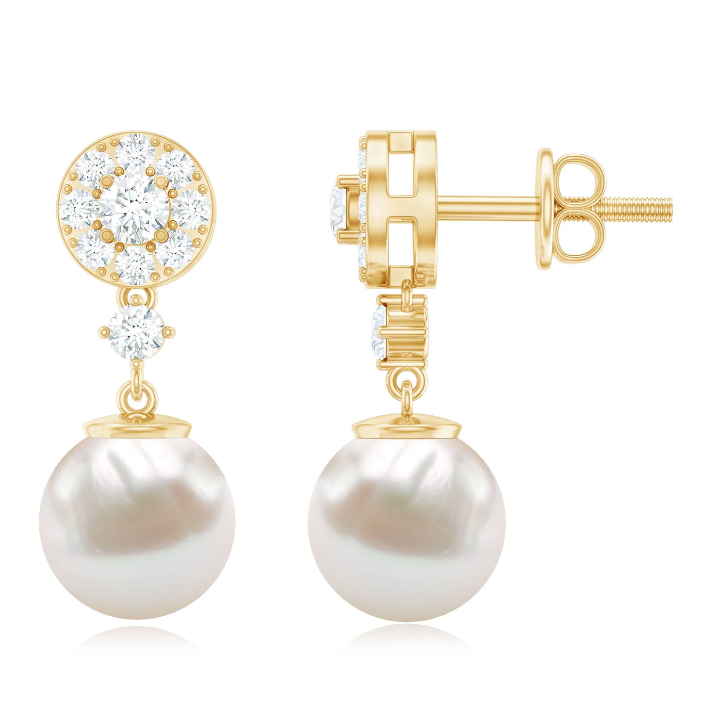 Genuine 6 Carat Freshwater Cultured Pearl Drop Earrings with Diamonds