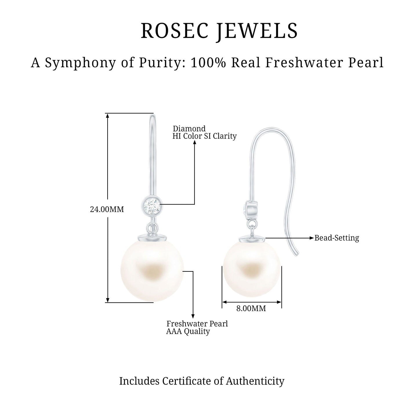 Real Freshwater Pearl Drop Earrings with Diamond