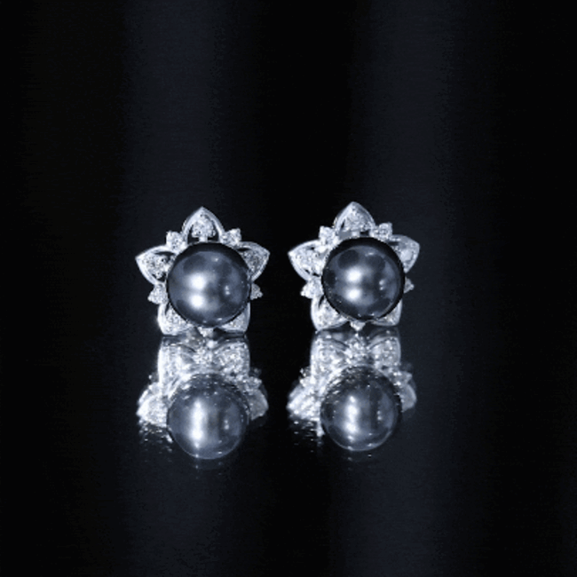 Genuine Tahitian Black Pearl and Diamond Flower Stud Earrings