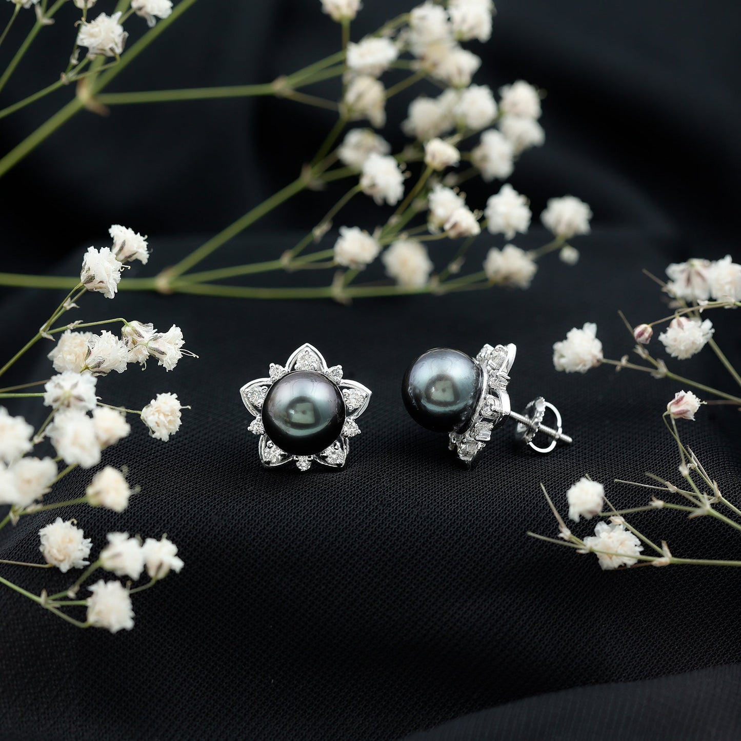 Genuine Tahitian Black Pearl and Diamond Flower Stud Earrings