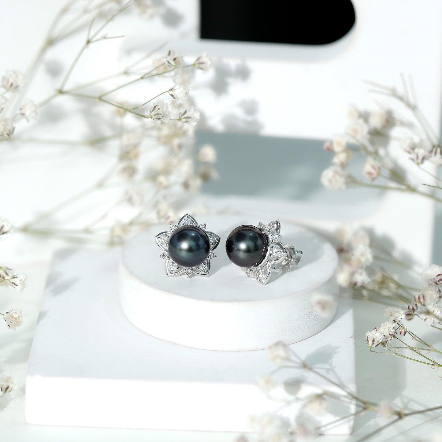 Genuine Tahitian Black Pearl and Diamond Flower Stud Earrings