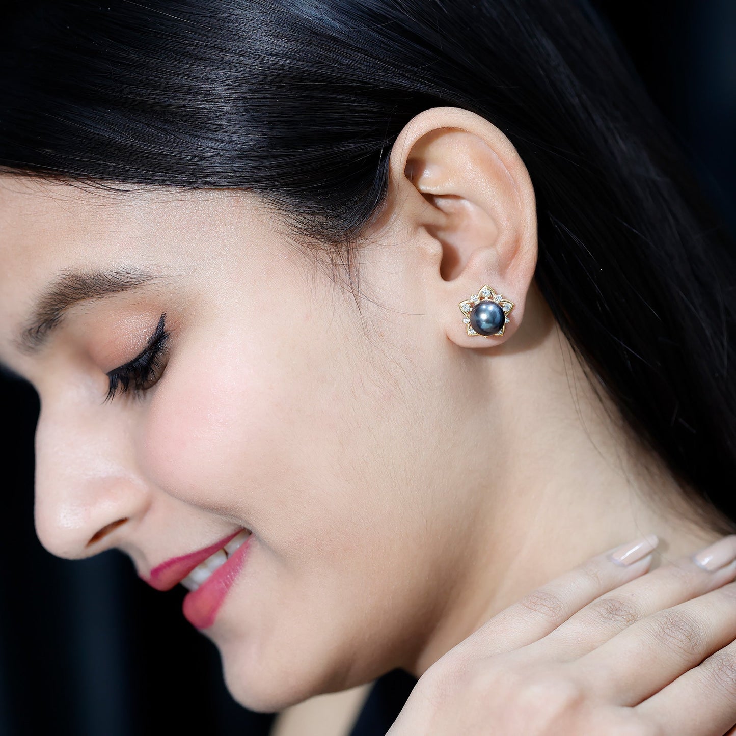 Genuine Tahitian Black Pearl and Diamond Flower Stud Earrings