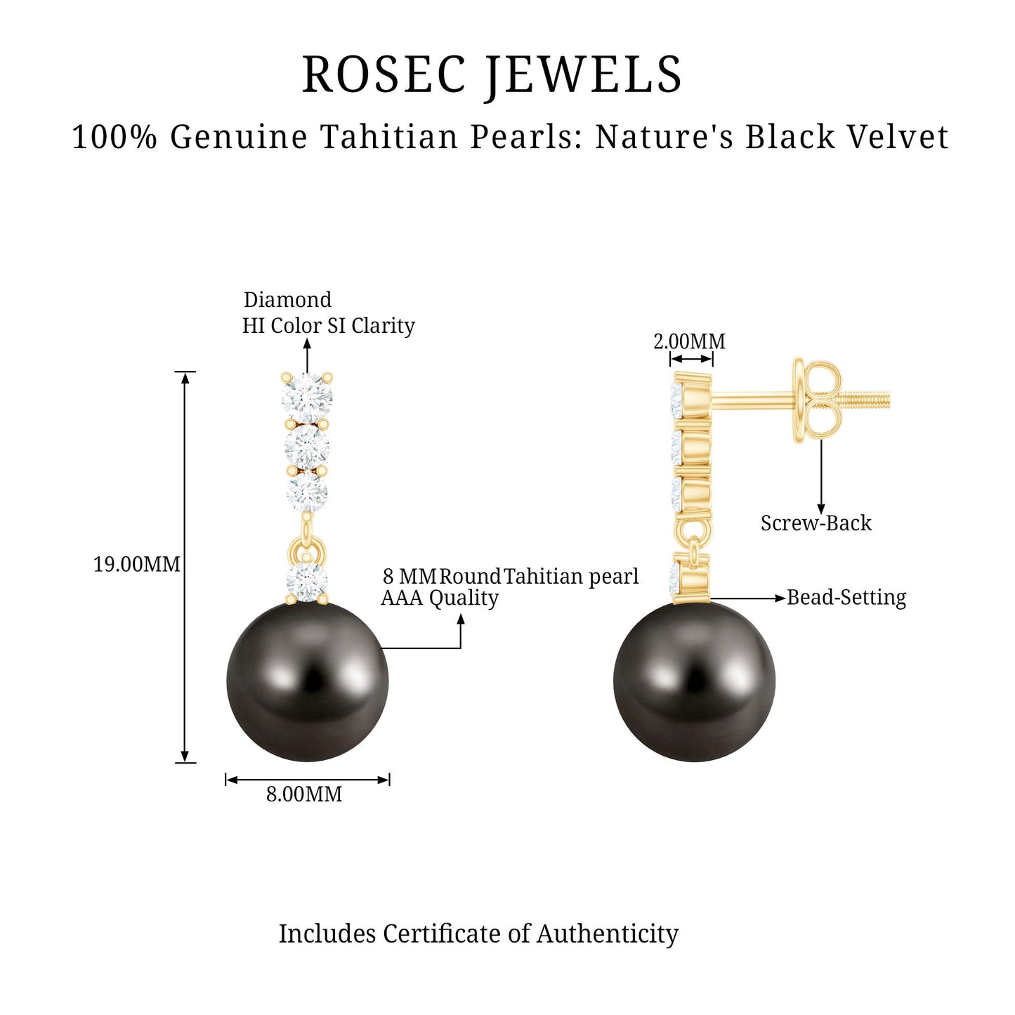 Certified Tahitian Black Pearl Drop Earrings with Diamonds