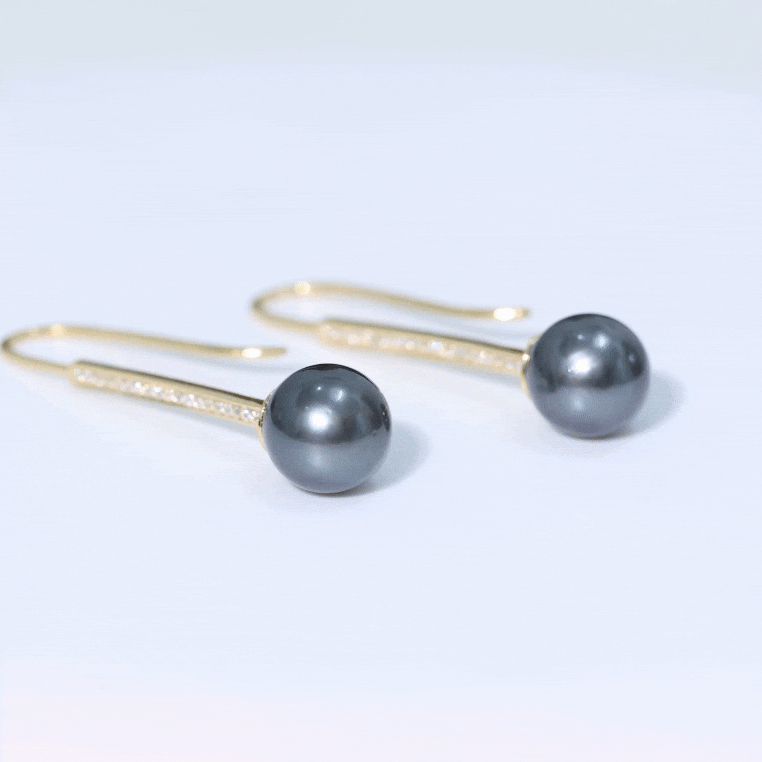 Genuine 15 CT Tahitian Black Pearl and Diamond Dangle Drop Earrings