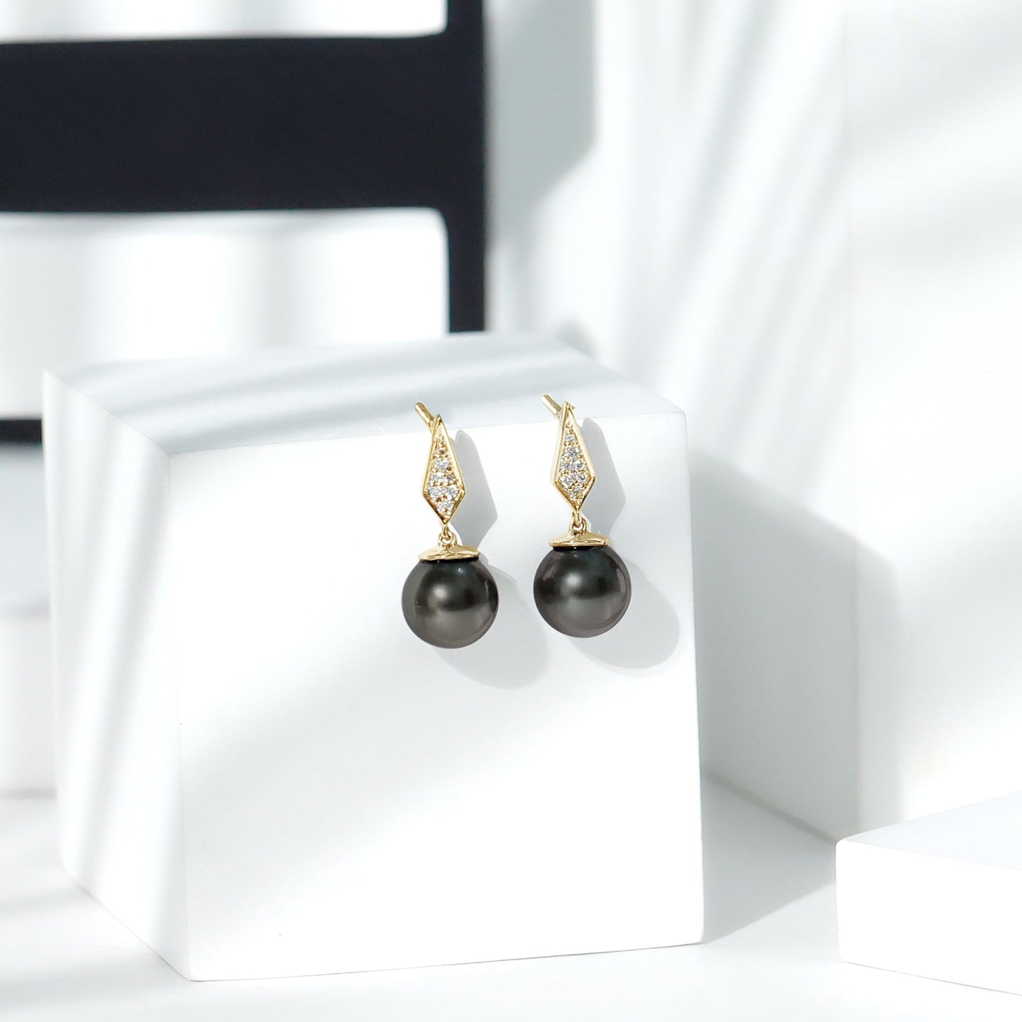 Art Deco Inspired Tahitian Pearl and Diamond Drop Earrings