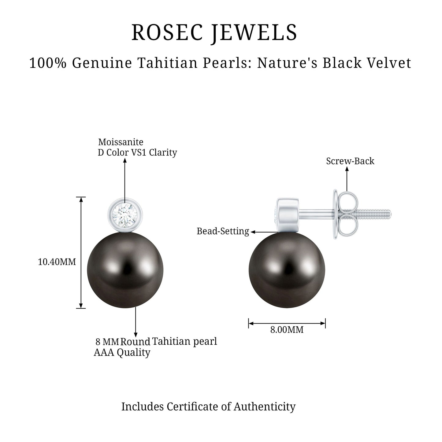 Genuine Tahitian Black Pearl Stud Earrings For Women