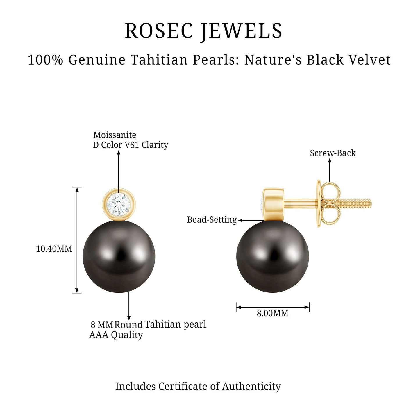 Genuine Tahitian Black Pearl Stud Earrings For Women