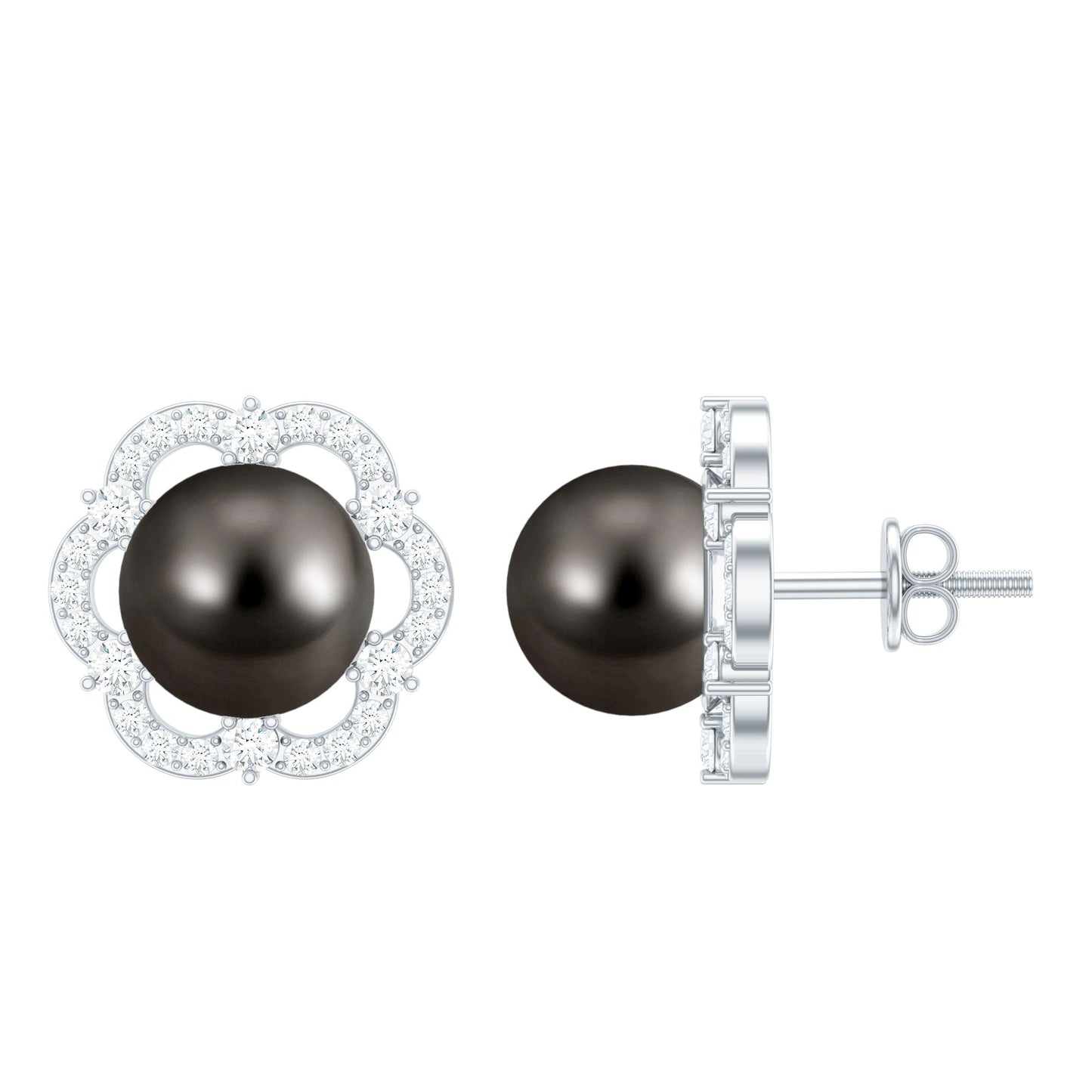 15 CT Tahitian Black Pearl and Diamond Flower Stud Earrings