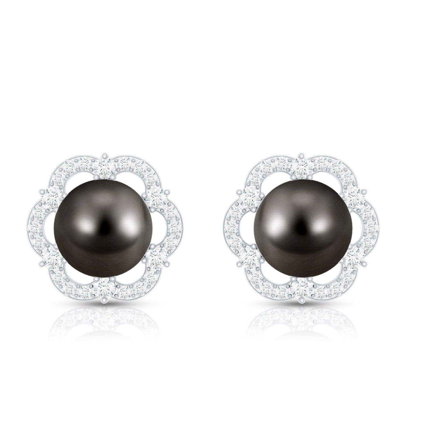 15 CT Tahitian Black Pearl and Diamond Flower Stud Earrings