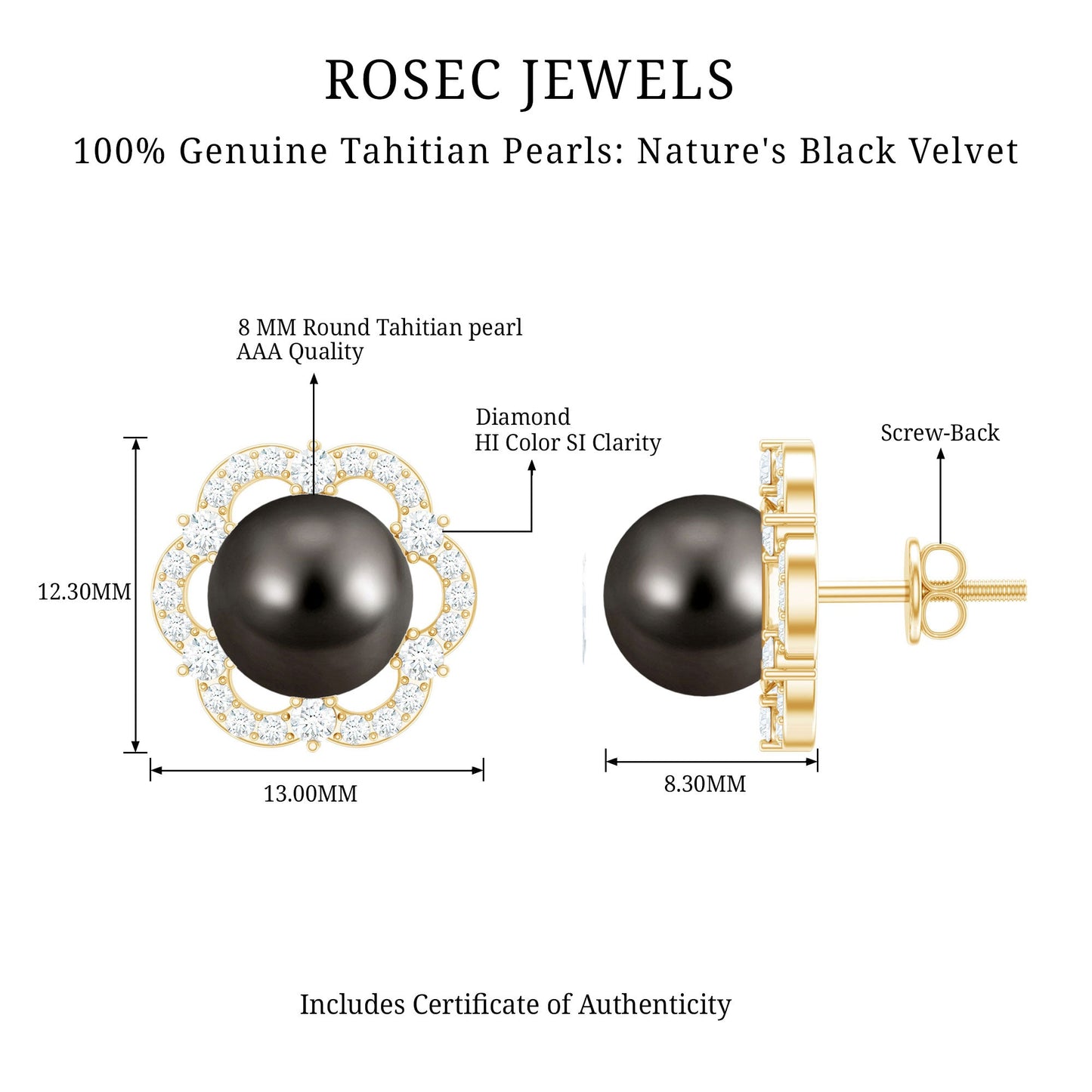 15 CT Tahitian Black Pearl and Diamond Flower Stud Earrings