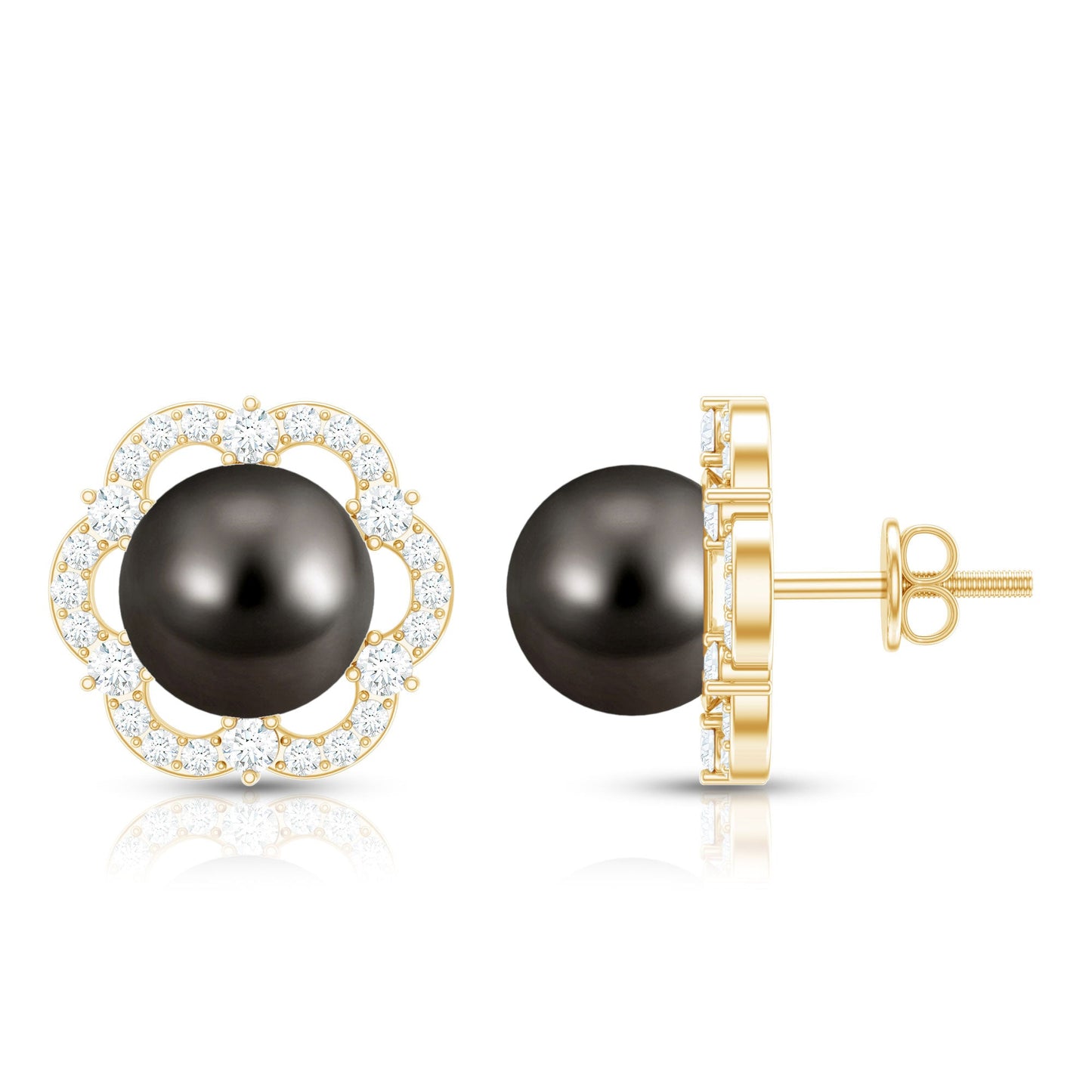 15 CT Tahitian Black Pearl and Diamond Flower Stud Earrings