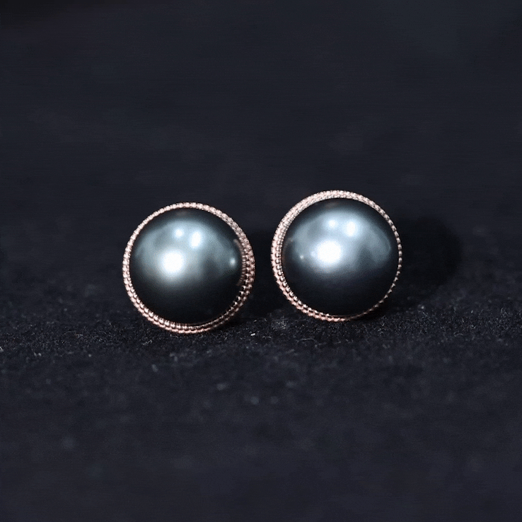 15 Carat Tahitian Black Pearl Solitaire Stud Earrings with Beaded Detail