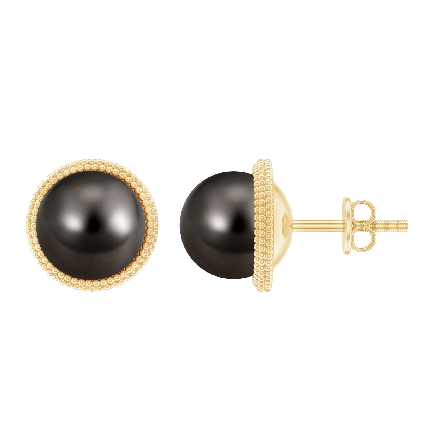 15 Carat Tahitian Black Pearl Solitaire Stud Earrings with Beaded Detail