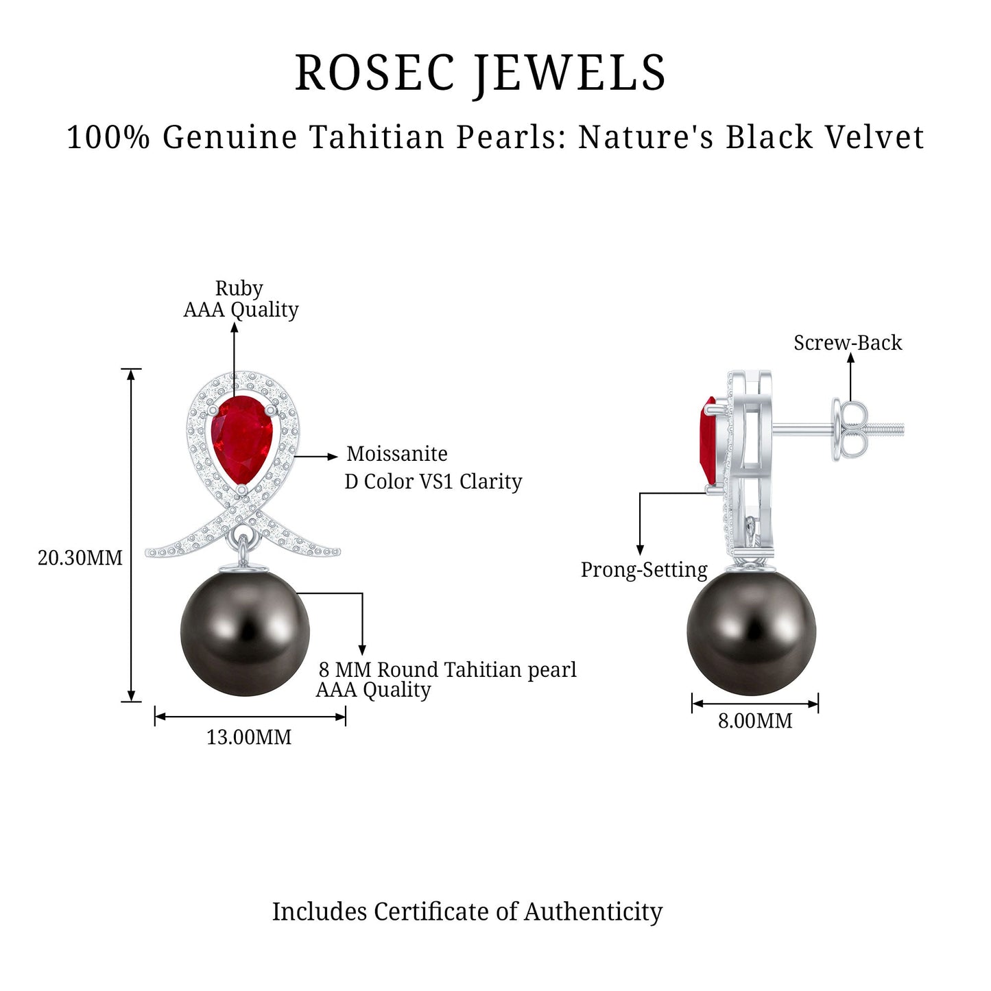 Vintage Style Tahitian Black Pearl Bridal Earrings with Ruby