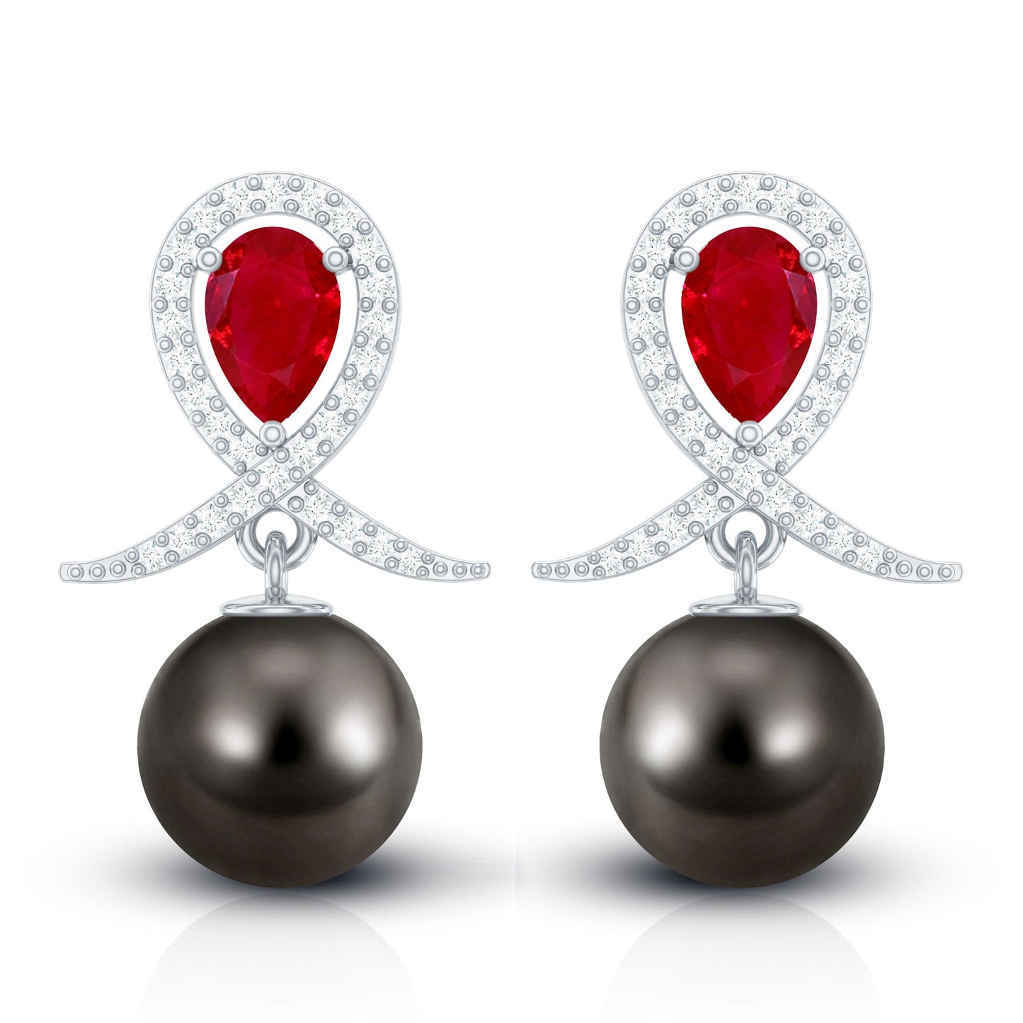 Vintage Style Tahitian Black Pearl Bridal Earrings with Ruby