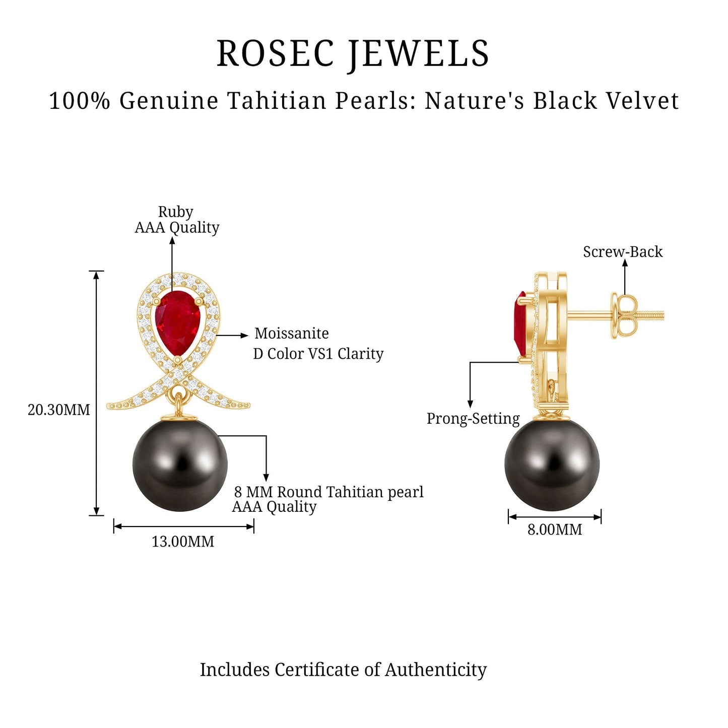 Vintage Style Tahitian Black Pearl Bridal Earrings with Ruby