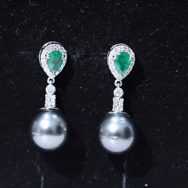 Genuine Black Pearl Wedding Earrings with Emerald and Diamond