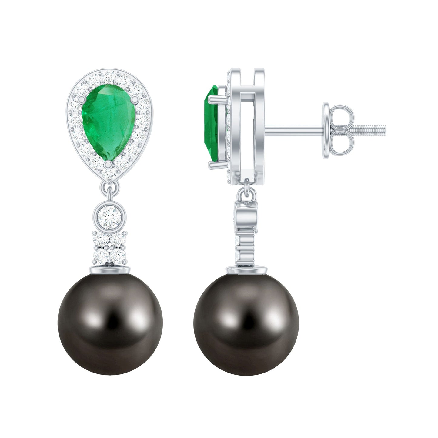 Genuine Black Pearl Wedding Earrings with Emerald and Diamond