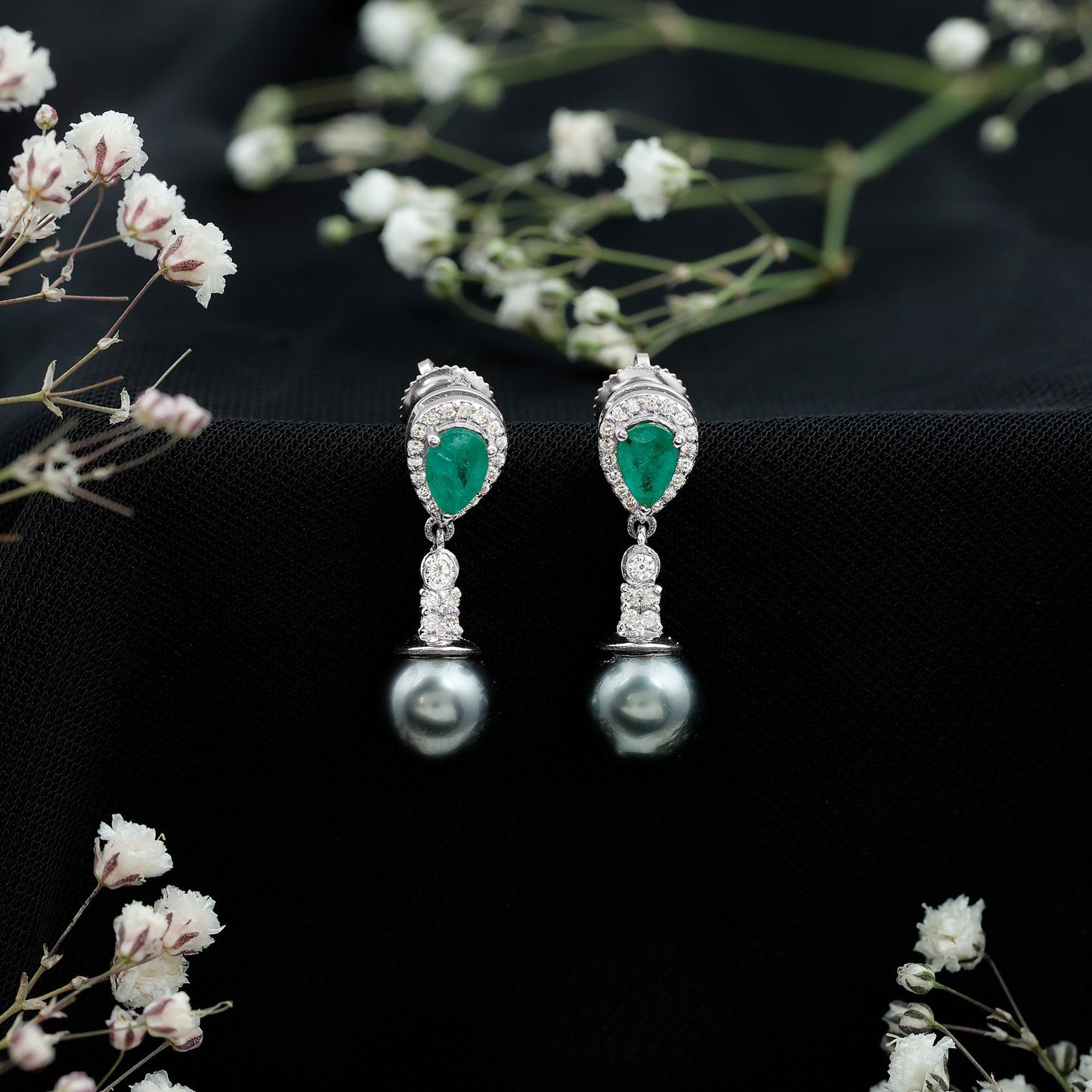 Genuine Black Pearl Wedding Earrings with Emerald and Diamond