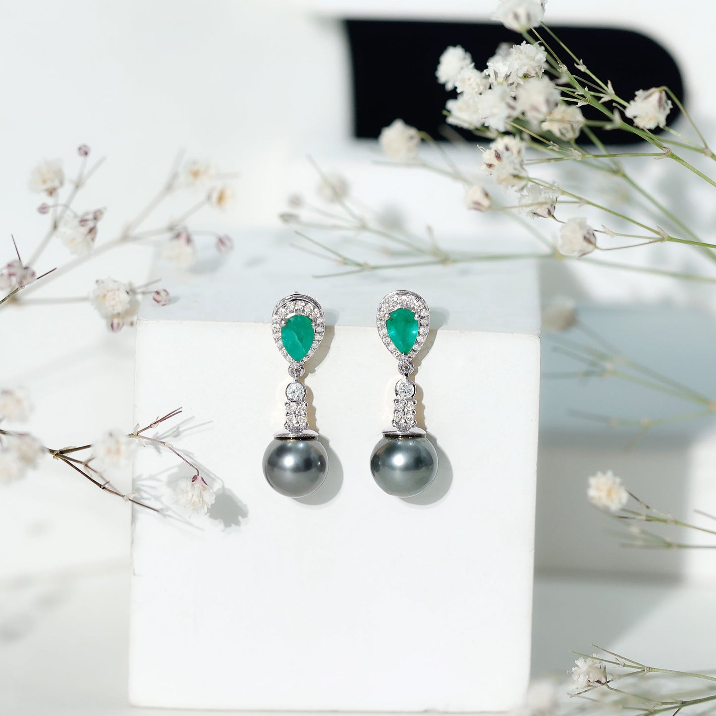 Genuine Black Pearl Wedding Earrings with Emerald and Diamond