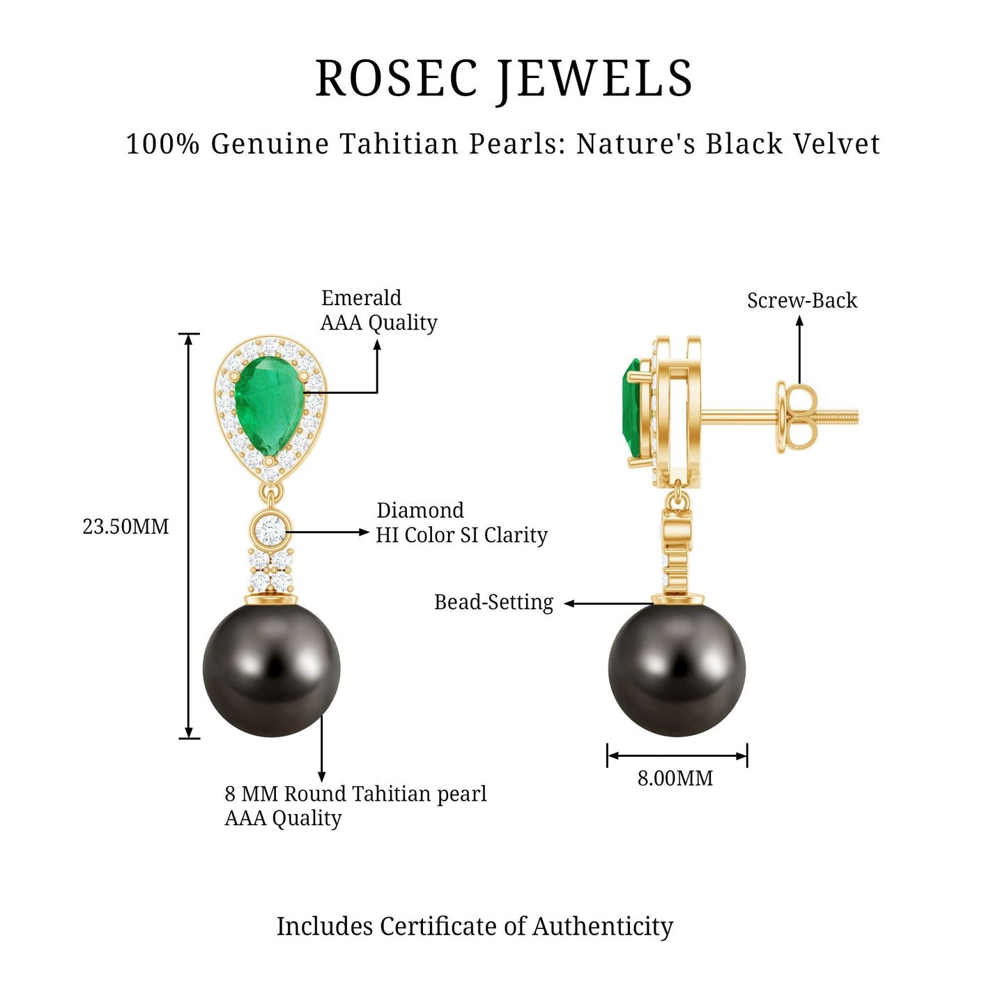 Genuine Black Pearl Wedding Earrings with Emerald and Diamond