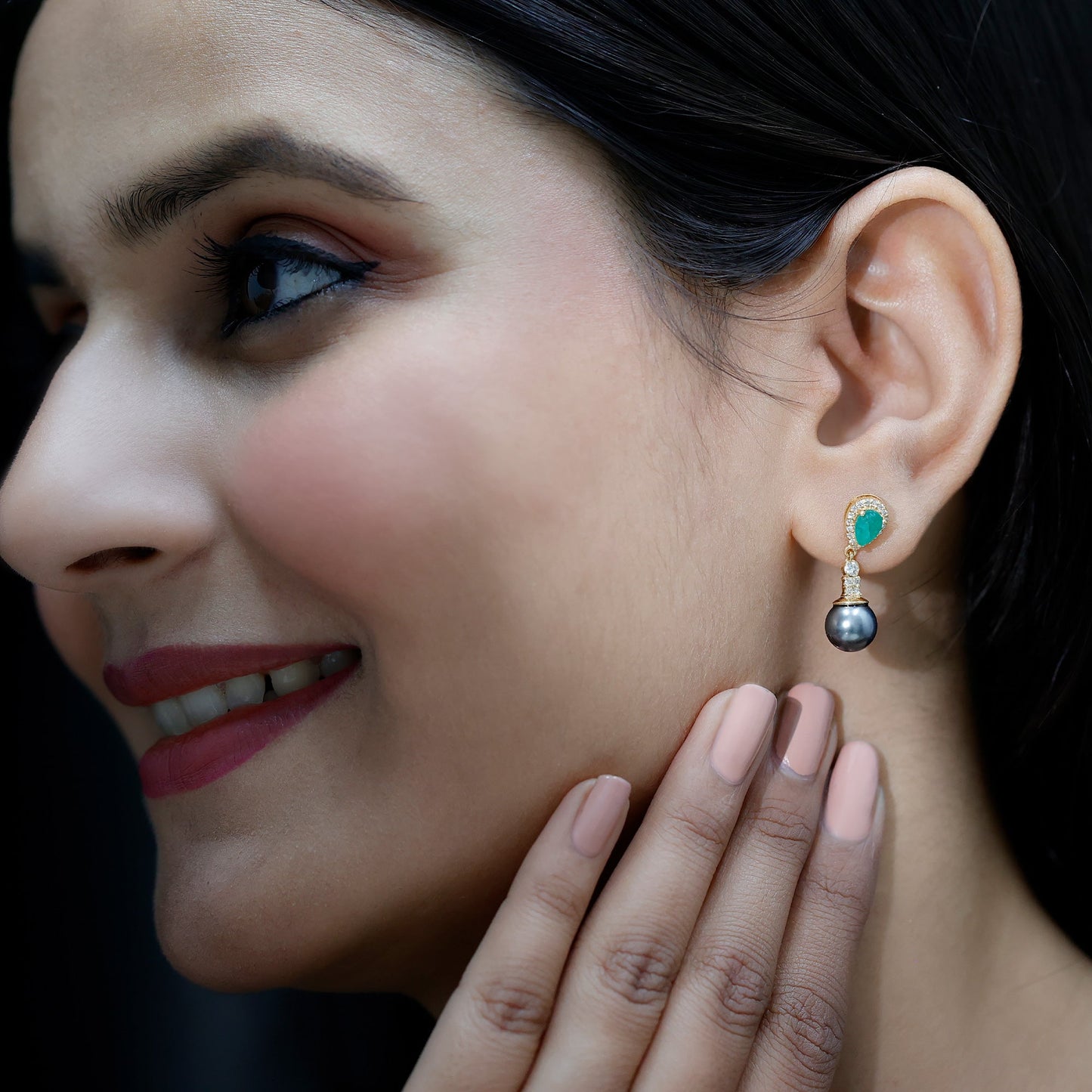 Genuine Black Pearl Wedding Earrings with Emerald and Diamond