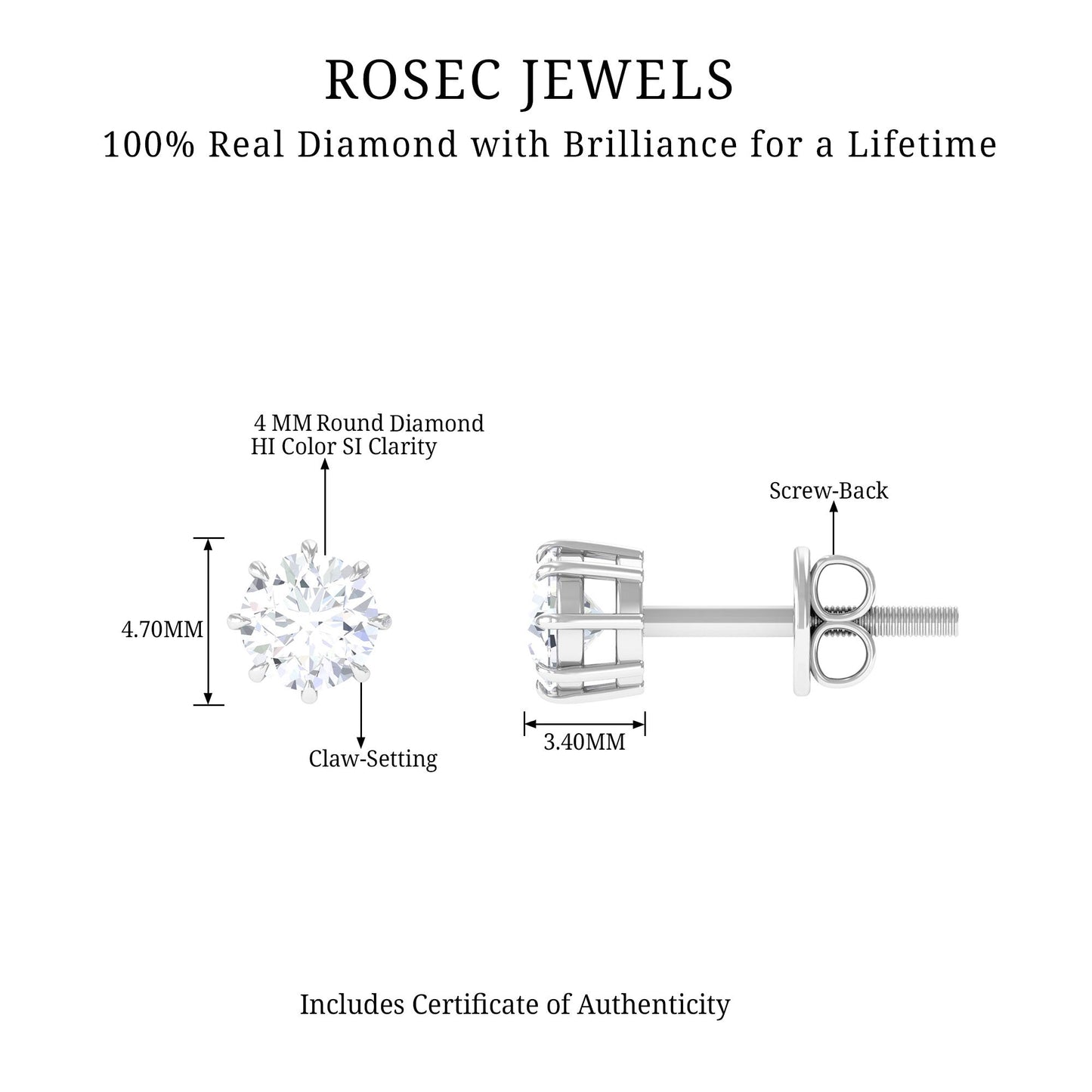 0.5 Carat Natural Diamond Solitaire Stud Earrings in 8 Claw Prong Setting
