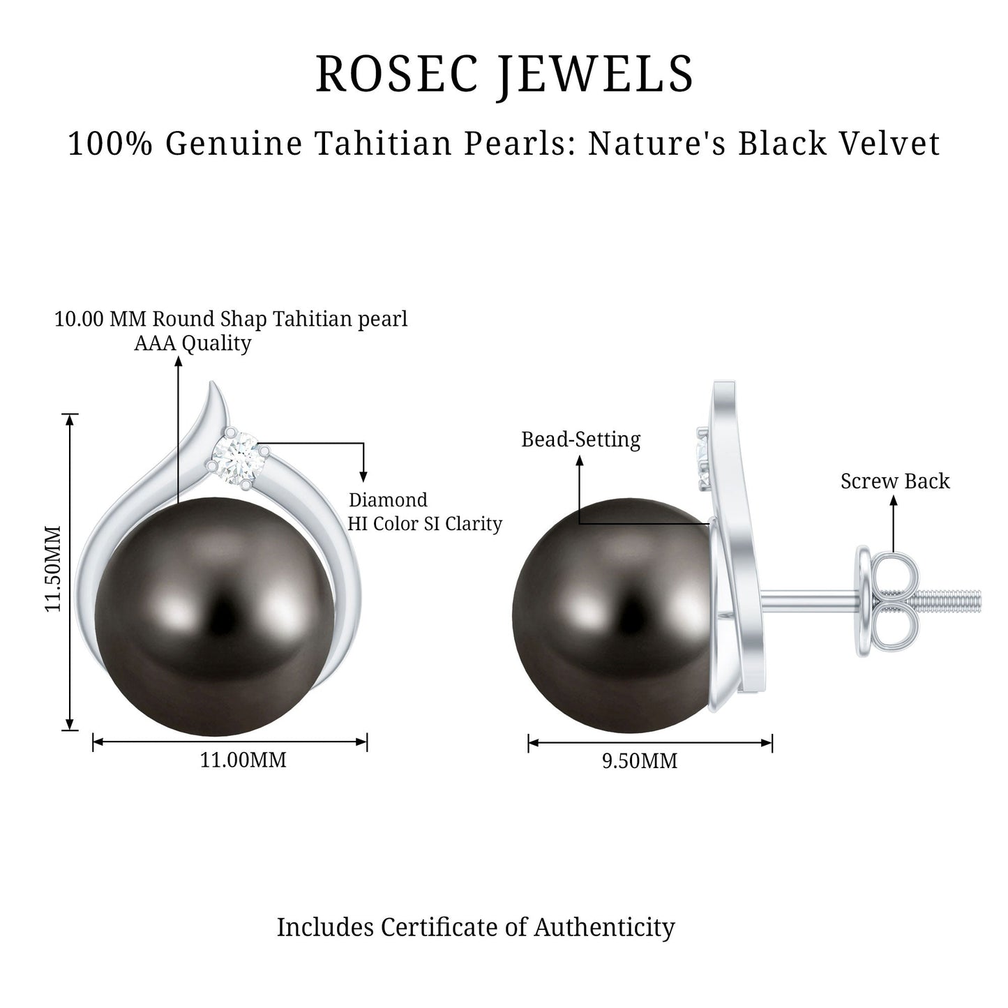 Cultured 16 Carat Tahitian Pearl Bridal Stud Earrings with Diamond