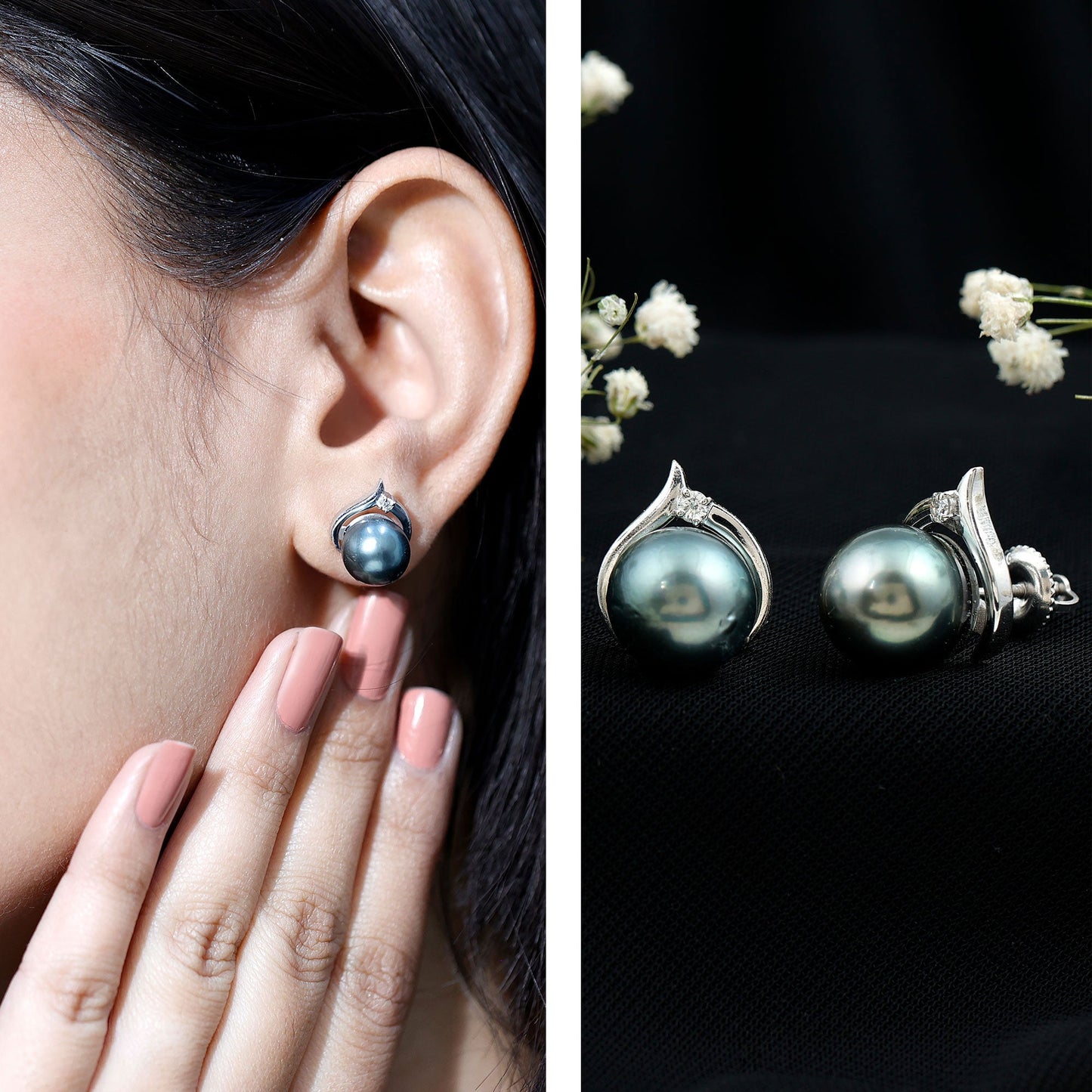 Cultured 16 Carat Tahitian Pearl Bridal Stud Earrings with Diamond