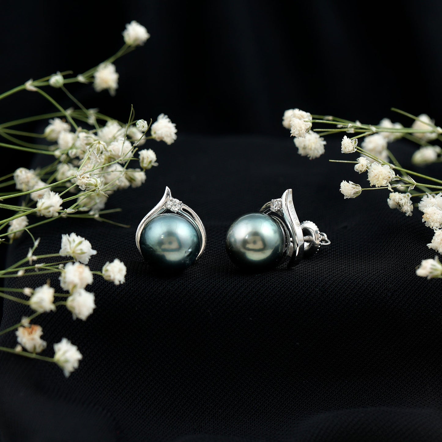 Cultured 16 Carat Tahitian Pearl Bridal Stud Earrings with Diamond