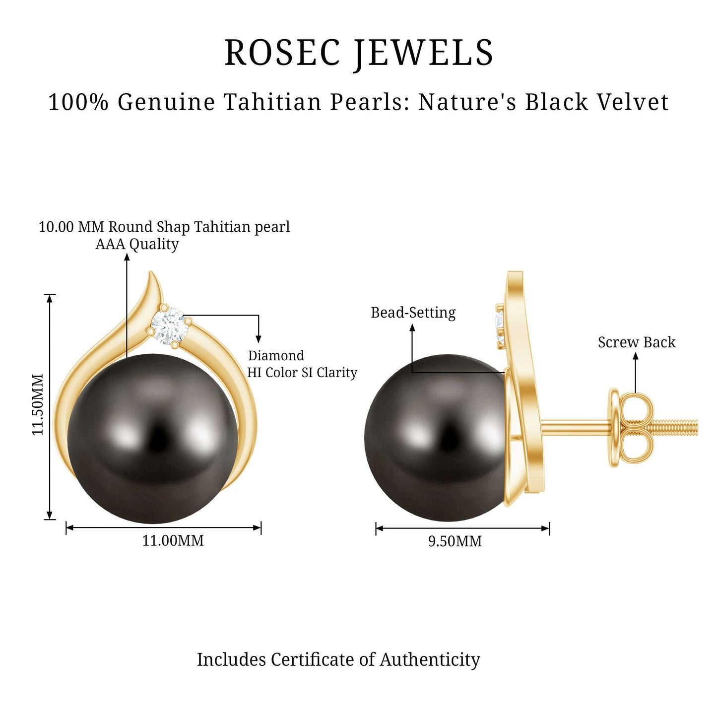 Cultured 16 Carat Tahitian Pearl Bridal Stud Earrings with Diamond