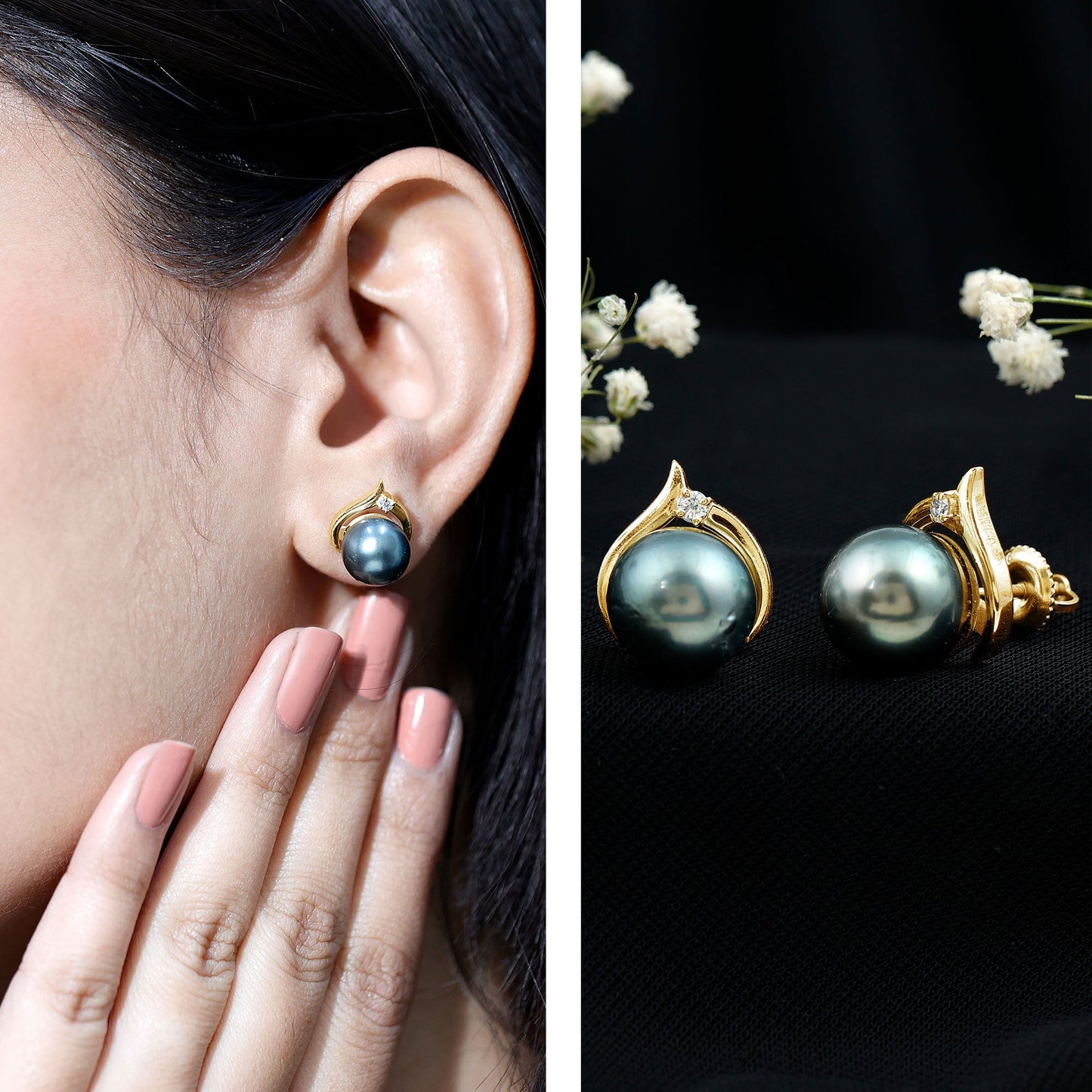 Cultured 16 Carat Tahitian Pearl Bridal Stud Earrings with Diamond