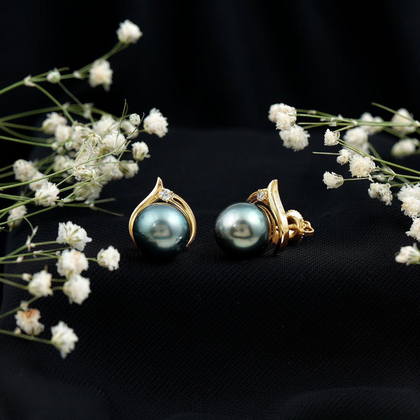 Cultured 16 Carat Tahitian Pearl Bridal Stud Earrings with Diamond