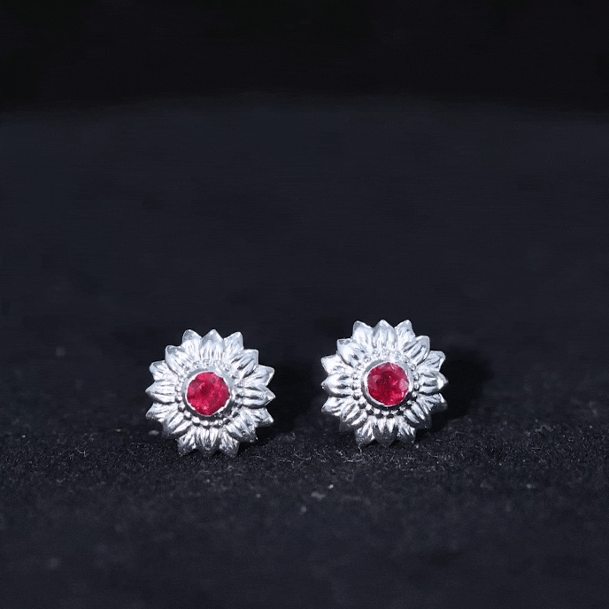 Bezel Set Real Ruby Flower Stud Earrings