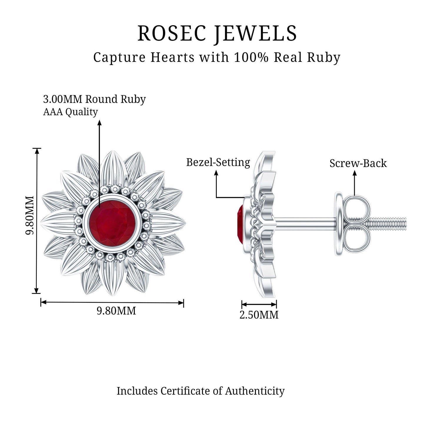 Bezel Set Real Ruby Flower Stud Earrings