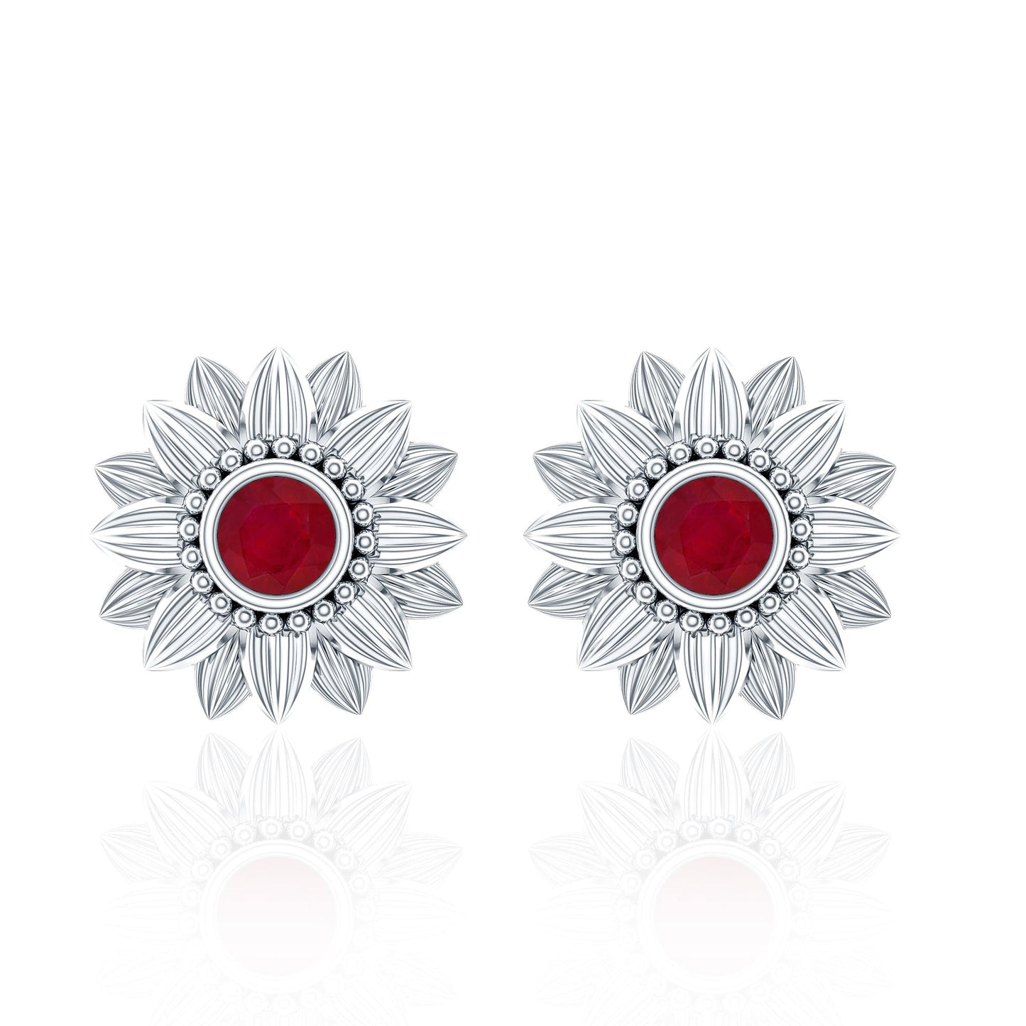 Bezel Set Real Ruby Flower Stud Earrings