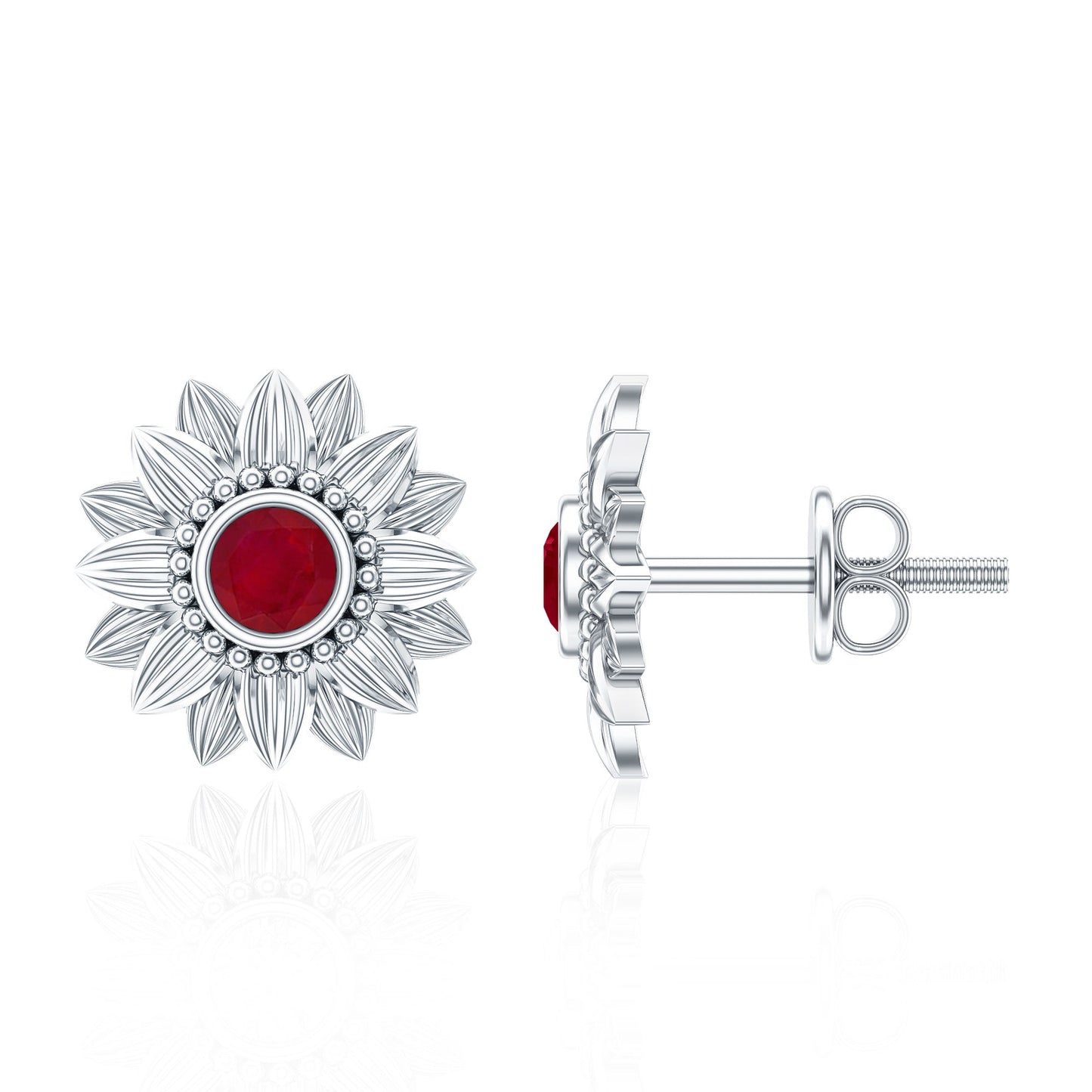 Bezel Set Real Ruby Flower Stud Earrings