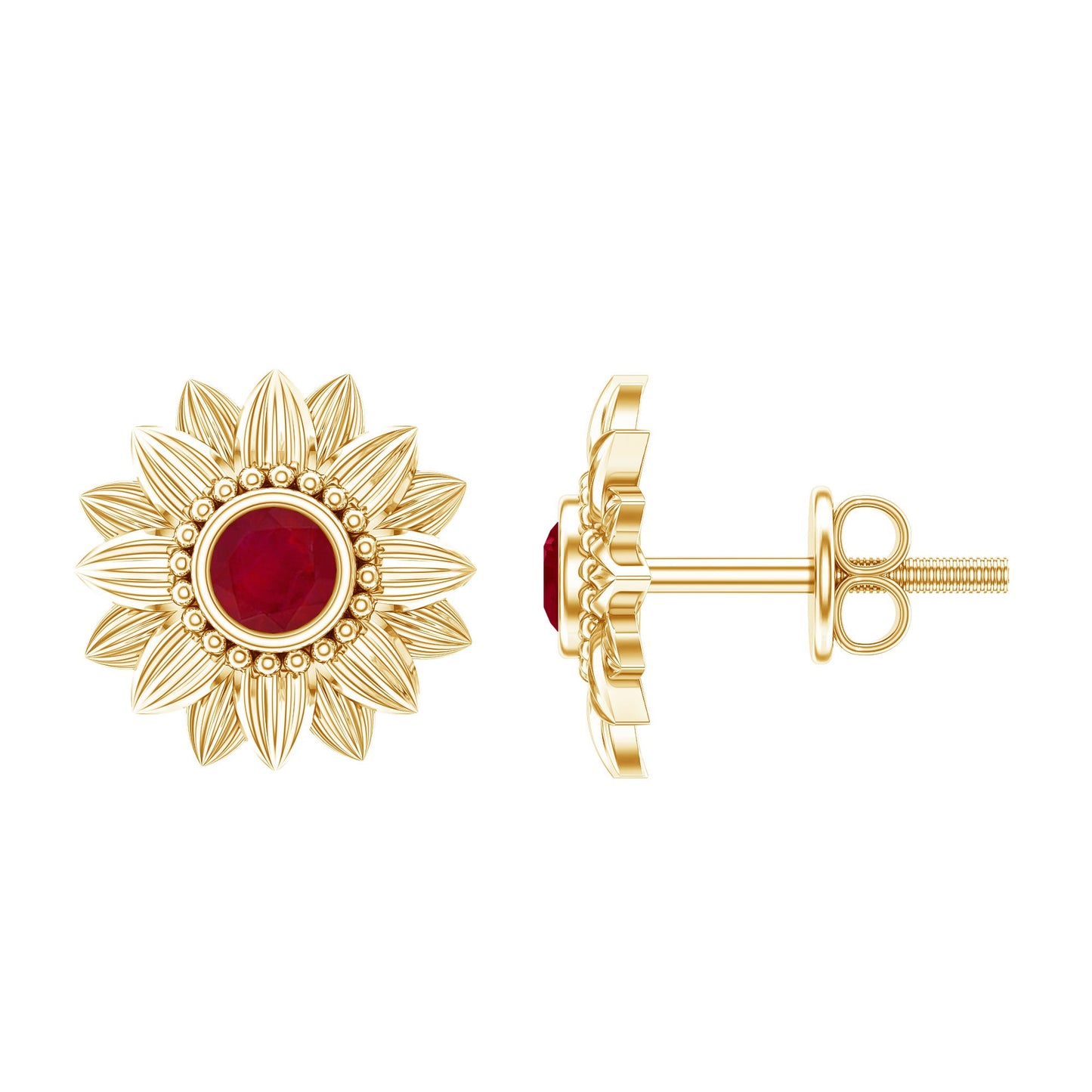 Bezel Set Real Ruby Flower Stud Earrings