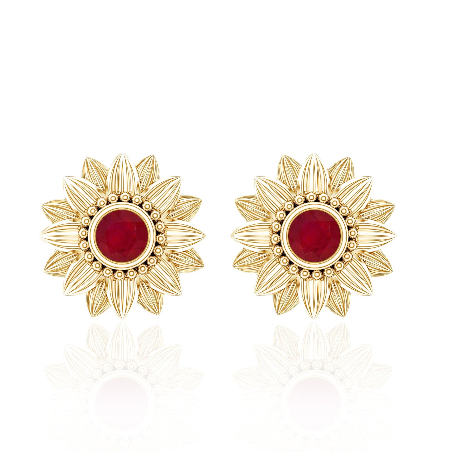 Bezel Set Real Ruby Flower Stud Earrings