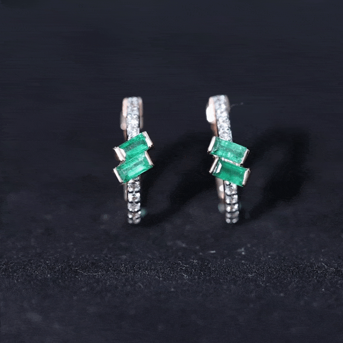 Baguette Emerald and Diamond Hoop Earrings For Women