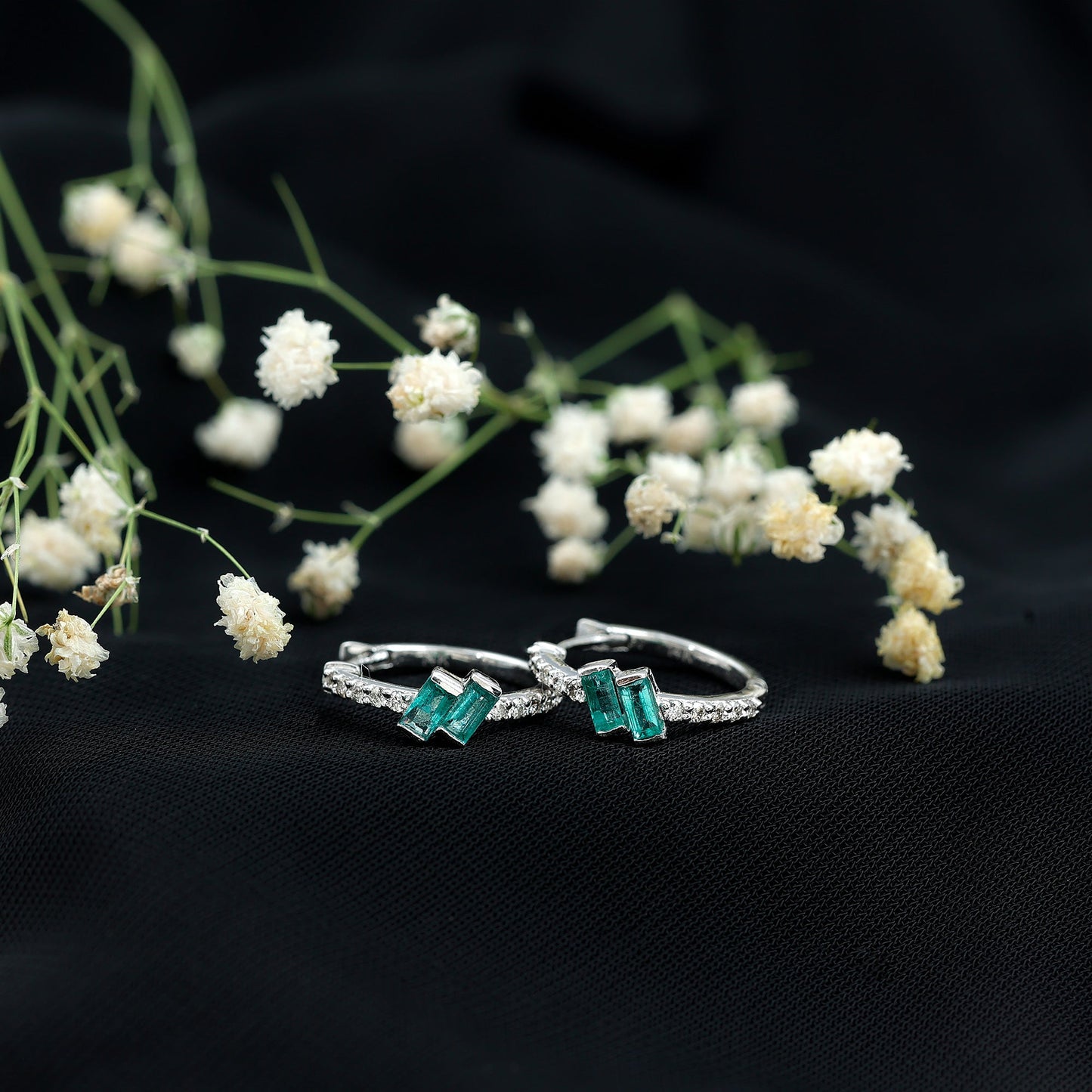 Baguette Emerald and Diamond Hoop Earrings For Women