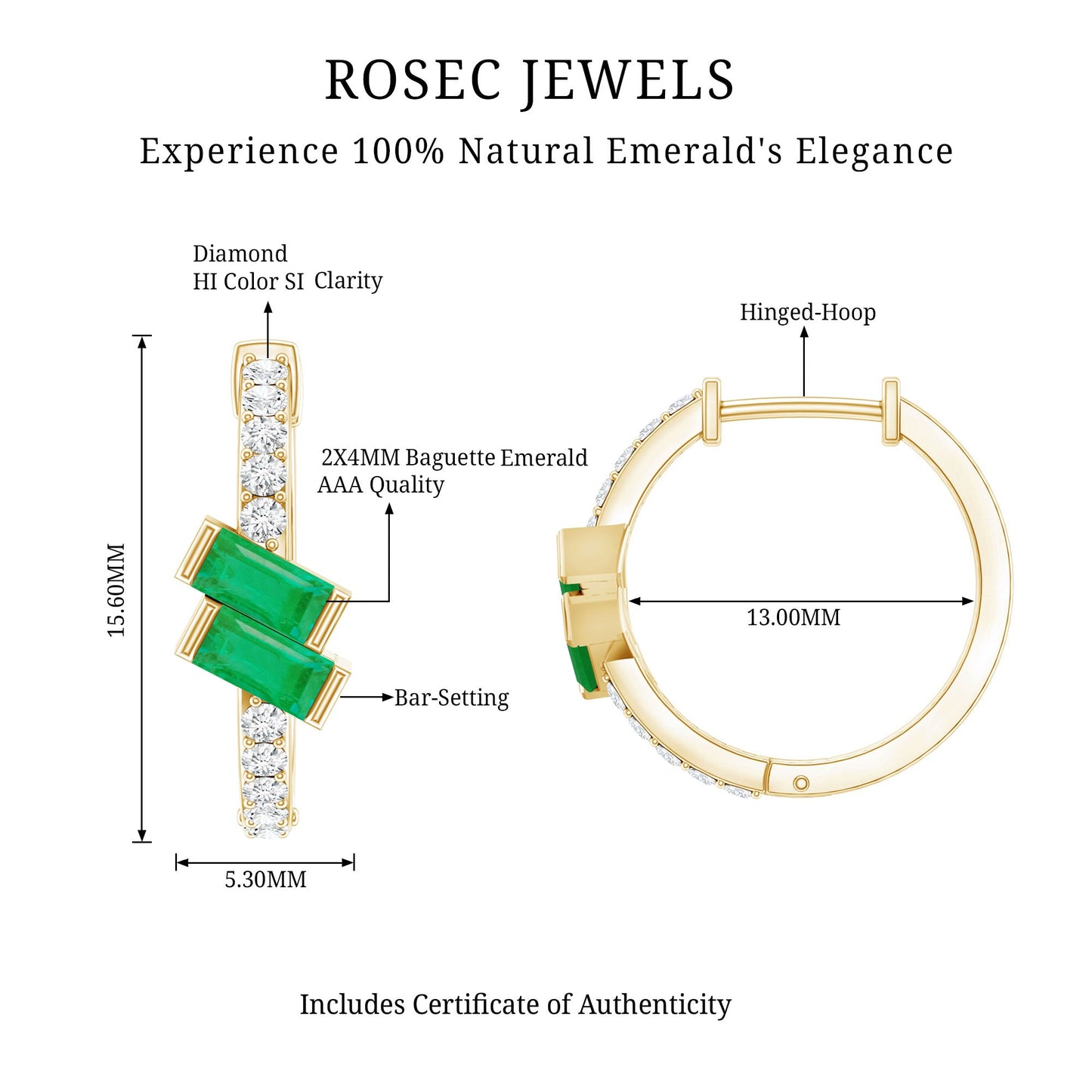 Baguette Emerald and Diamond Hoop Earrings For Women