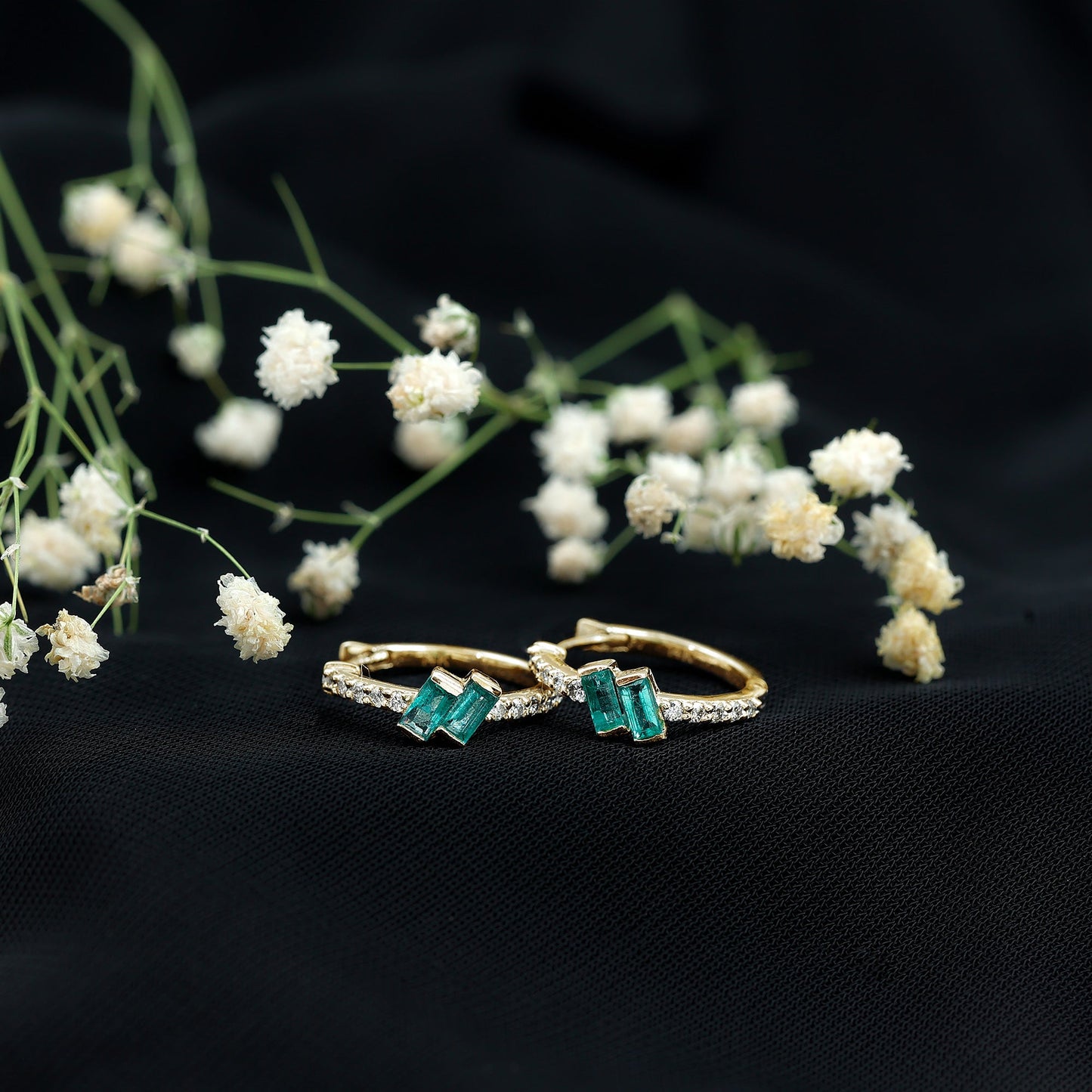 Baguette Emerald and Diamond Hoop Earrings For Women